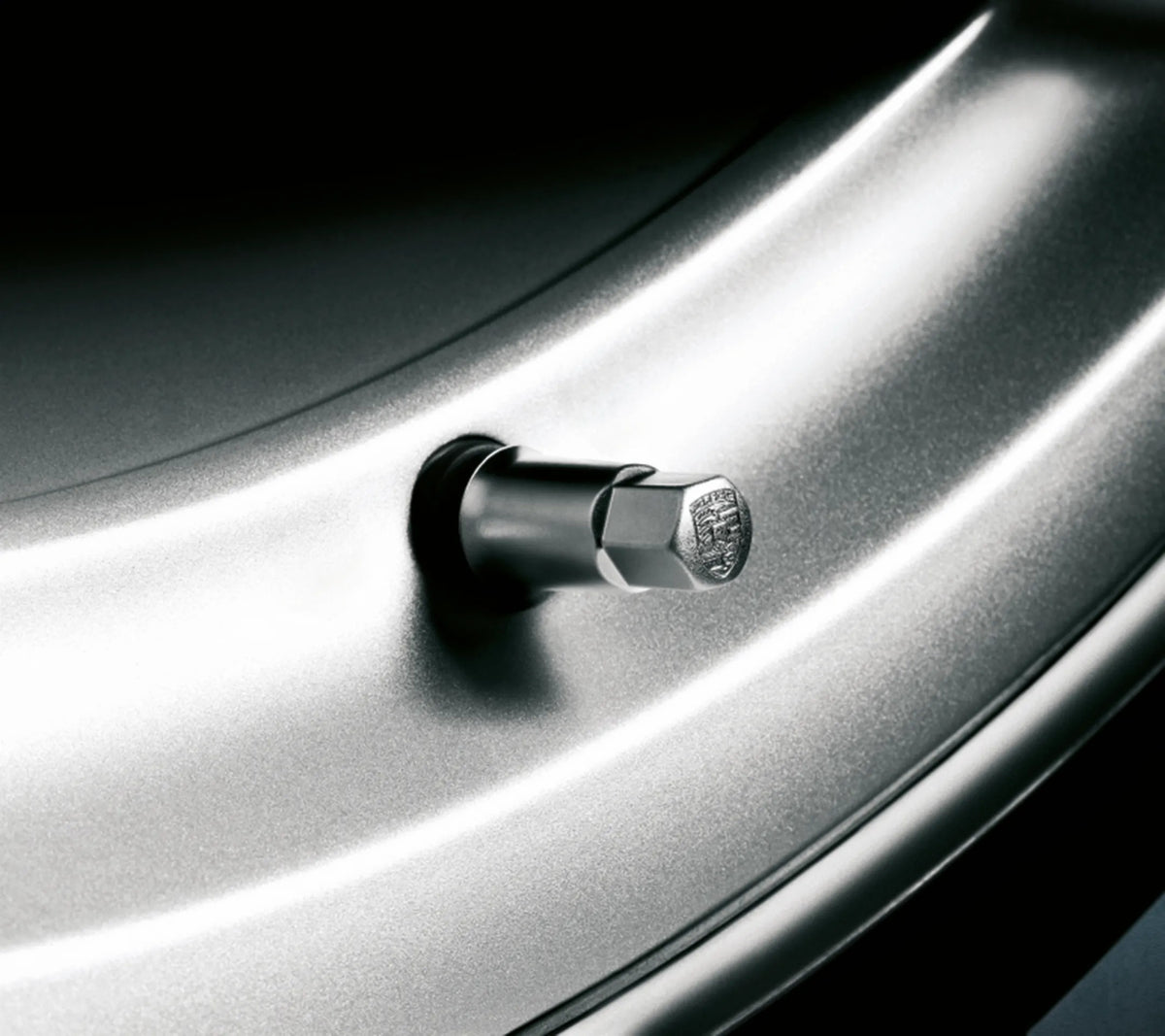 Porsche Design Porsche Valve Sleeve Set in Silver with Embossed Crest for 718, 911, Panamera, and Cayenne