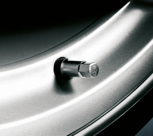 Porsche Design Porsche Valve Sleeve Set in Silver with Embossed Crest for 718, 911, Panamera, and Cayenne